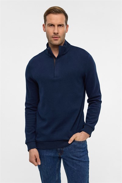 Lacivert Regular Düz Polo Yaka Sweatshirt