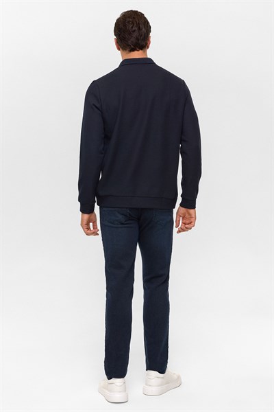 Lacivert Regular Düz Polo Yaka Sweatshirt
