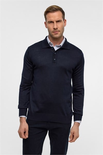 Lacivert Regular Düz Polo Yaka Triko