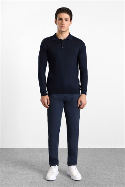 Lacivert Regular Düz Triko Düğmeli Polo Yaka Kazak