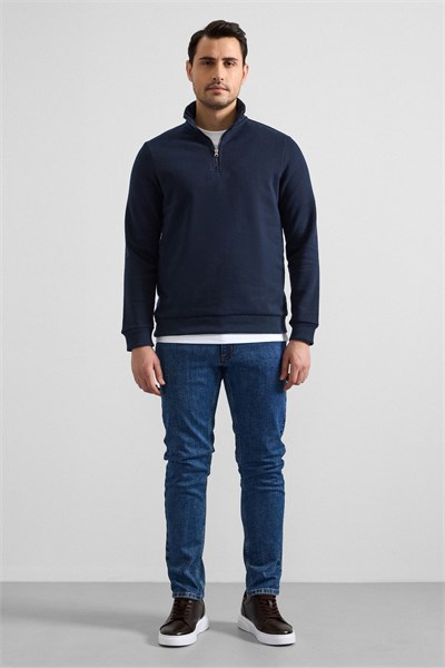 Lacivert Regular Düz Yarım Balıkçı Yaka Sweatshirt