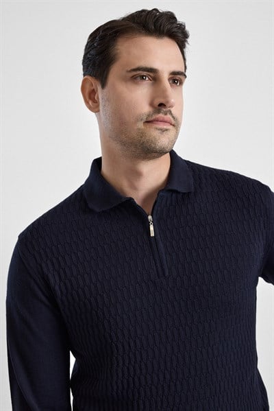 Lacivert Regular Fermuarlı Polo Yaka Kazak