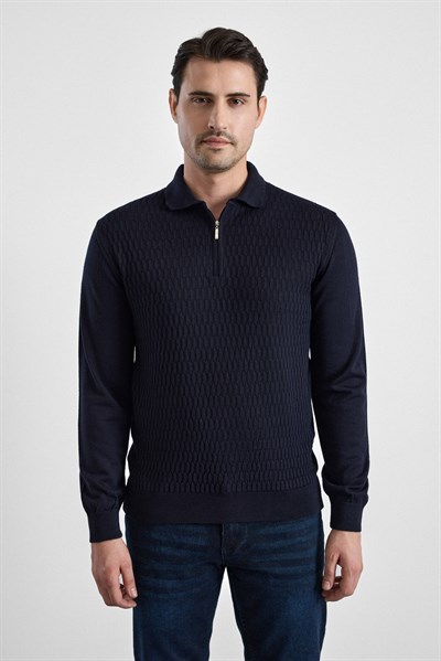 Lacivert Regular Fermuarlı Polo Yaka Kazak