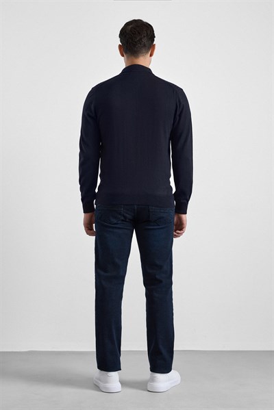 Lacivert Regular Fermuarlı Polo Yaka Kazak