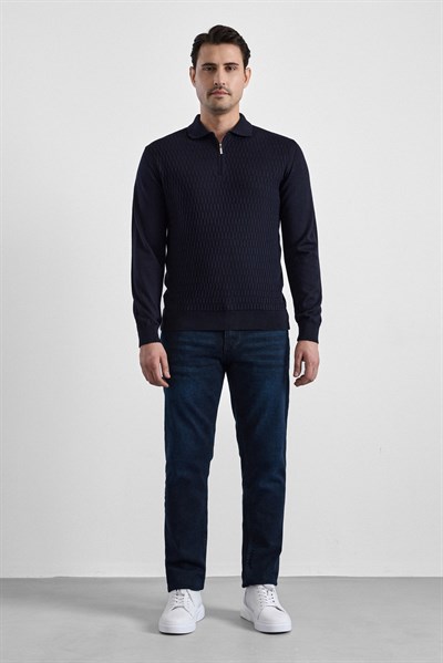 Lacivert Regular Fermuarlı Polo Yaka Kazak