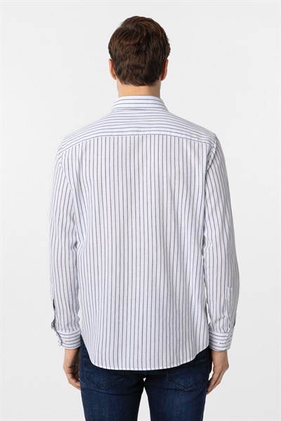 Lacivert Regular Fit Düz Düğmeli Yaka Çizgili Gömlek