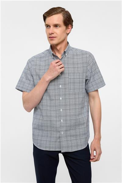 Lacivert Regular Fit Kareli Düğmeli Yaka Gömlek