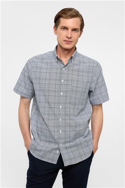 Lacivert Regular Fit Kareli Düğmeli Yaka Gömlek