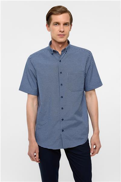 Lacivert Regular Fit Kareli Düğmeli Yaka Gömlek
