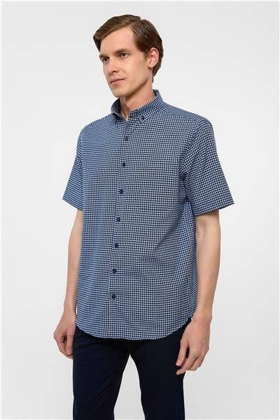 Lacivert Regular Fit Kareli Düğmeli Yaka Gömlek