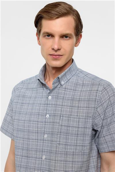 Lacivert Regular Fit Kareli Düğmeli Yaka Gömlek