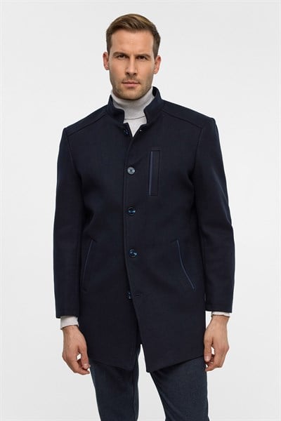 Lacivert Regular Hakim Yaka Düz Yan Cepli Kaban