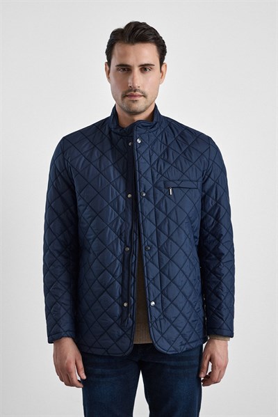 Lacivert Regular Klasik Yaka Düz Yan Cepli Fermuar Kapitone Su Geçirmez Mont