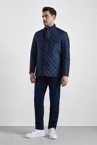 Lacivert Regular Klasik Yaka Düz Yan Cepli Fermuar Kapitone Su Geçirmez Mont