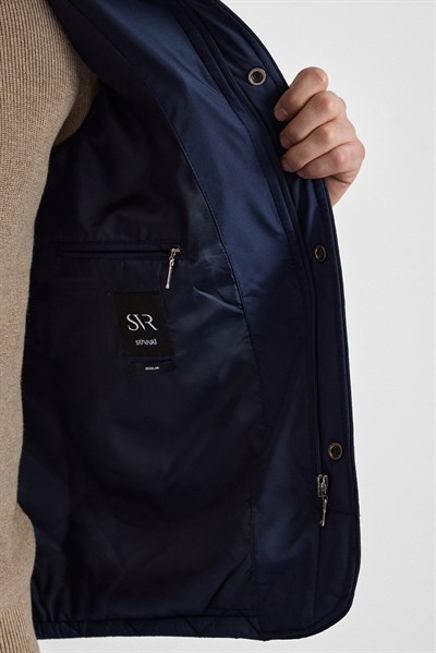 Lacivert Regular Klasik Yaka Düz Yan Cepli Fermuar Kapitone Su Geçirmez Mont