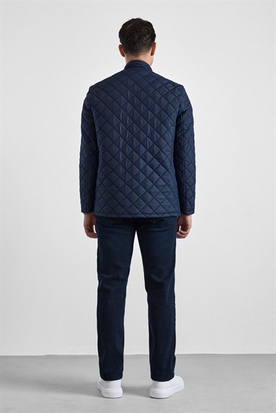 Lacivert Regular Klasik Yaka Düz Yan Cepli Fermuar Kapitone Su Geçirmez Mont