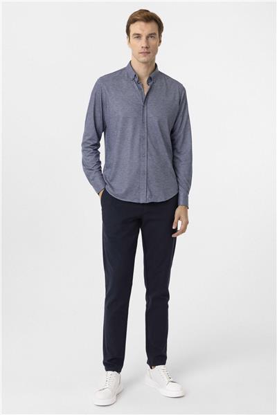 Lacivert Slim Fit Armürlü Düğmeli Yaka Gömlek