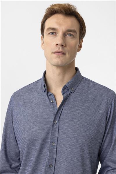 Lacivert Slim Fit Armürlü Düğmeli Yaka Gömlek
