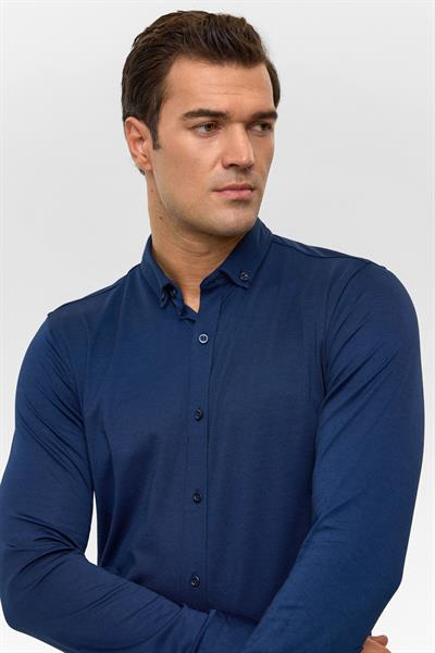 Lacivert Slim Armürlü Düğmeli Yaka Gömlek