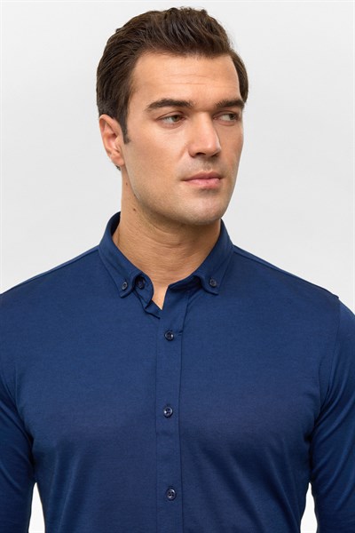Lacivert Slim Armürlü Düğmeli Yaka Gömlek