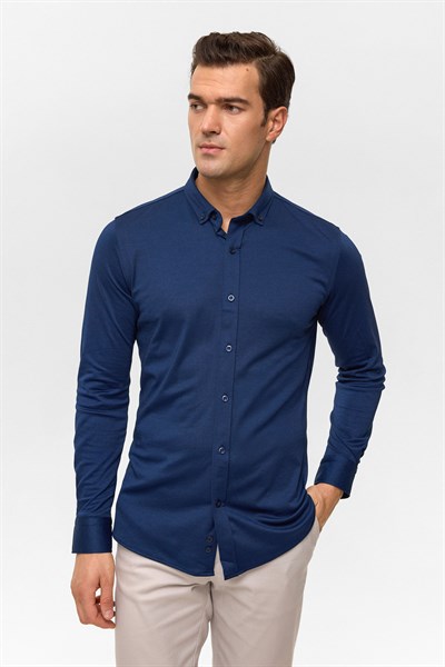 Lacivert Slim Armürlü Düğmeli Yaka Gömlek