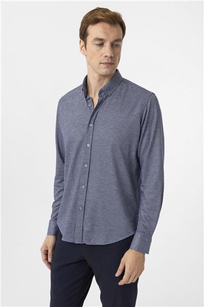 Lacivert Slim Fit Armürlü Düğmeli Yaka Gömlek
