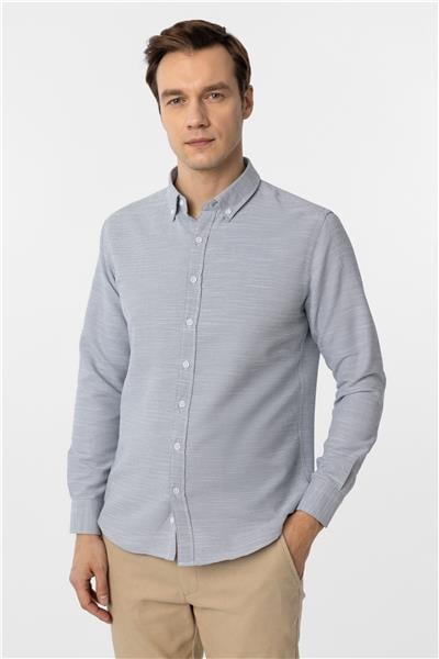Lacivert Slim Fit Armürlü Düğmeli Yaka Gömlek