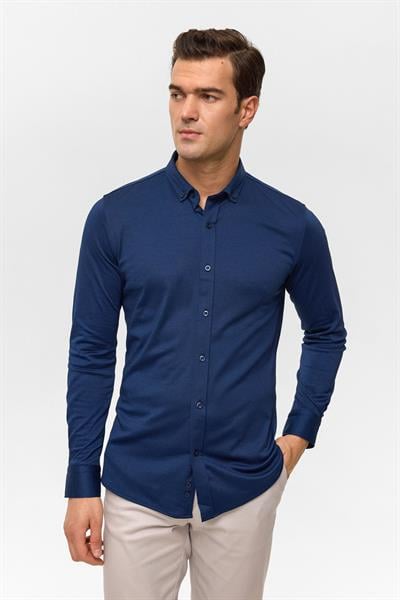 Lacivert Slim Armürlü Düğmeli Yaka Gömlek