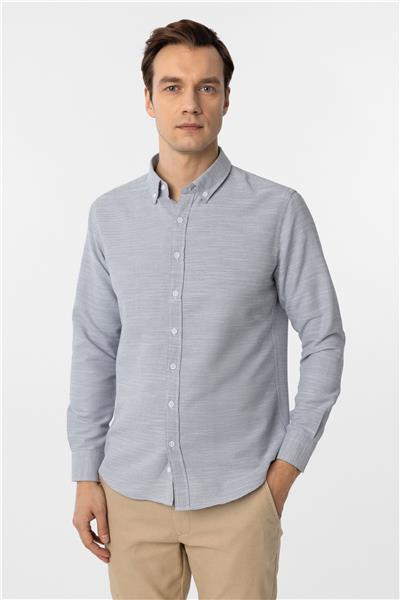 Lacivert Slim Fit Armürlü Düğmeli Yaka Gömlek