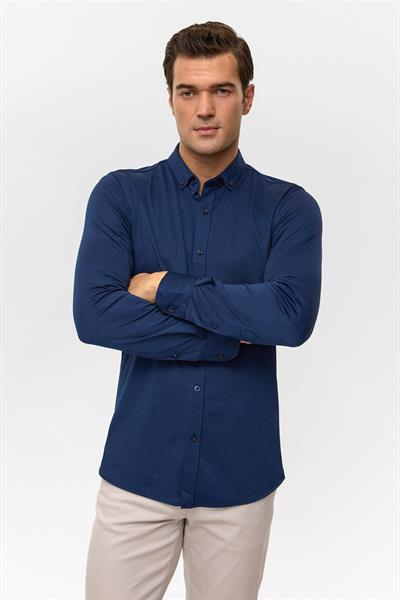 Lacivert Slim Armürlü Düğmeli Yaka Gömlek
