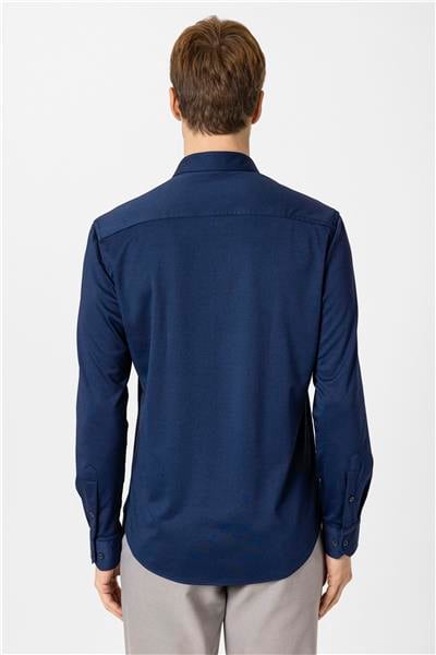 Lacivert Slim Fit Armürlü Düğmeli Yaka Gömlek