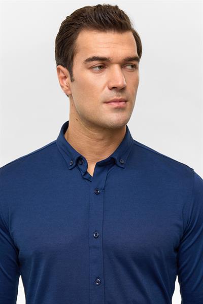 Lacivert Slim Armürlü Düğmeli Yaka Gömlek