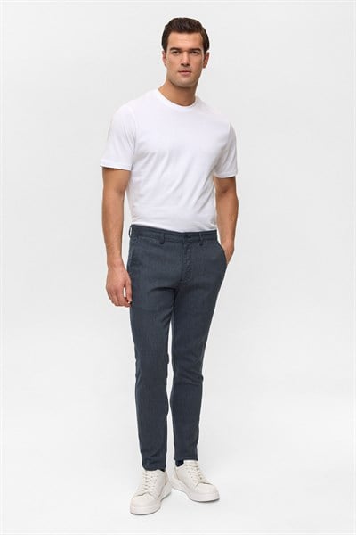 Lacivert Slim Armürlü Kanvas Pantolon