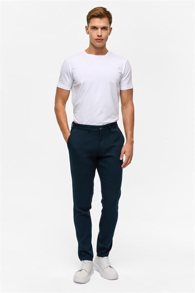 Lacivert Slim Armürlü Kanvas Pantolon