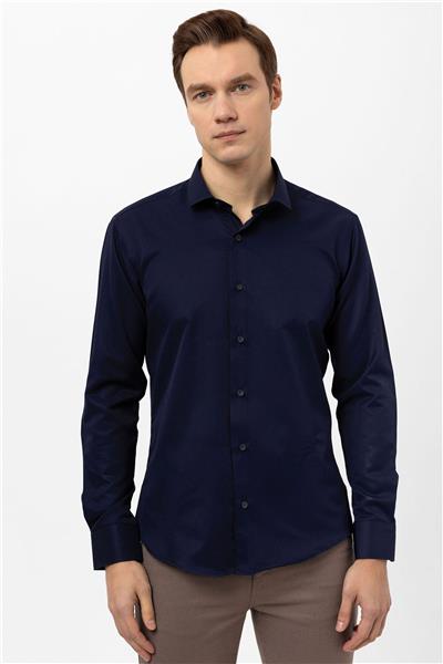 Lacivert Slim Fit Armürlü Klasik Yaka Gömlek