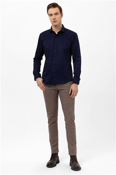 Lacivert Slim Fit Armürlü Klasik Yaka Gömlek