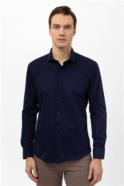 Lacivert Slim Fit Armürlü Klasik Yaka Gömlek