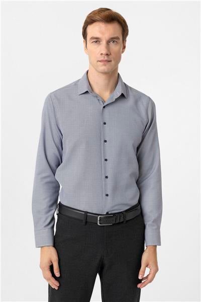 Lacivert Slim Fit Armürlü Klasik Yaka Gömlek