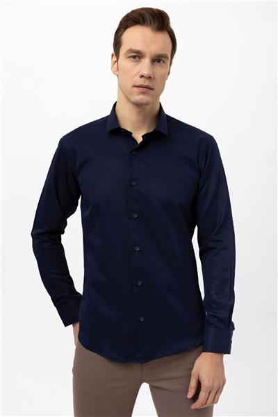 Lacivert Slim Fit Armürlü Klasik Yaka Gömlek