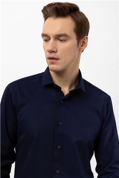 Lacivert Slim Fit Armürlü Klasik Yaka Gömlek