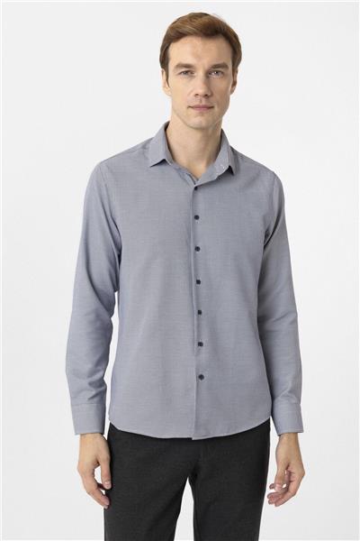 Lacivert Slim Fit Armürlü Klasik Yaka Gömlek