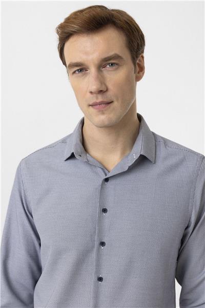 Lacivert Slim Fit Armürlü Klasik Yaka Gömlek