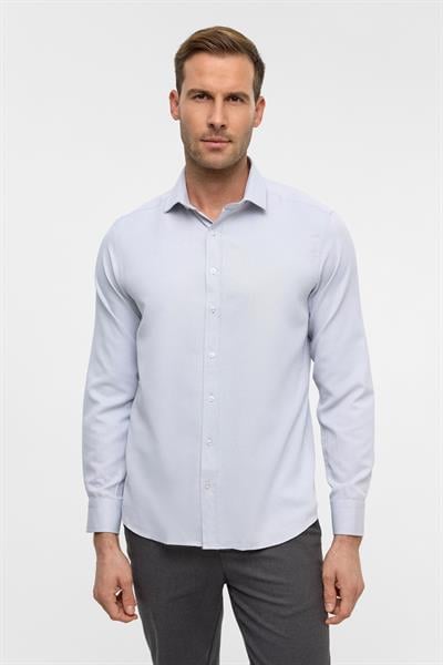 Lacivert Uzun Kollu Slim Armürlü Klasik Yaka Gömlek