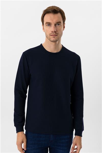 Lacivert Slim Fit Armürlü Bisiklet Yaka Sweatshirt