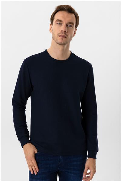 Lacivert Slim Fit Armürlü Bisiklet Yaka Sweatshirt