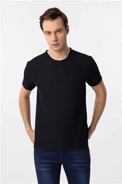 Lacivert Slim Fit Armürlü Bisiklet Yaka Tişört