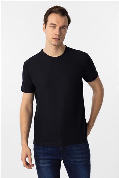 Lacivert Slim Fit Armürlü Bisiklet Yaka Tişört