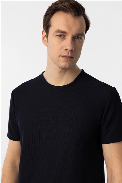 Lacivert Slim Fit Armürlü Bisiklet Yaka Tişört