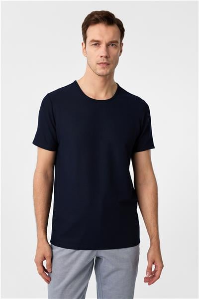 Lacivert Slim Fit Armürlü Bisiklet Yaka Tişört