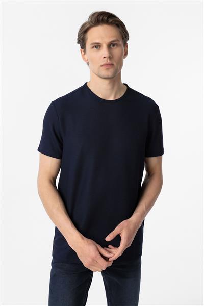 Lacivert Slim Fit Armürlü Bisiklet Yaka Tişört